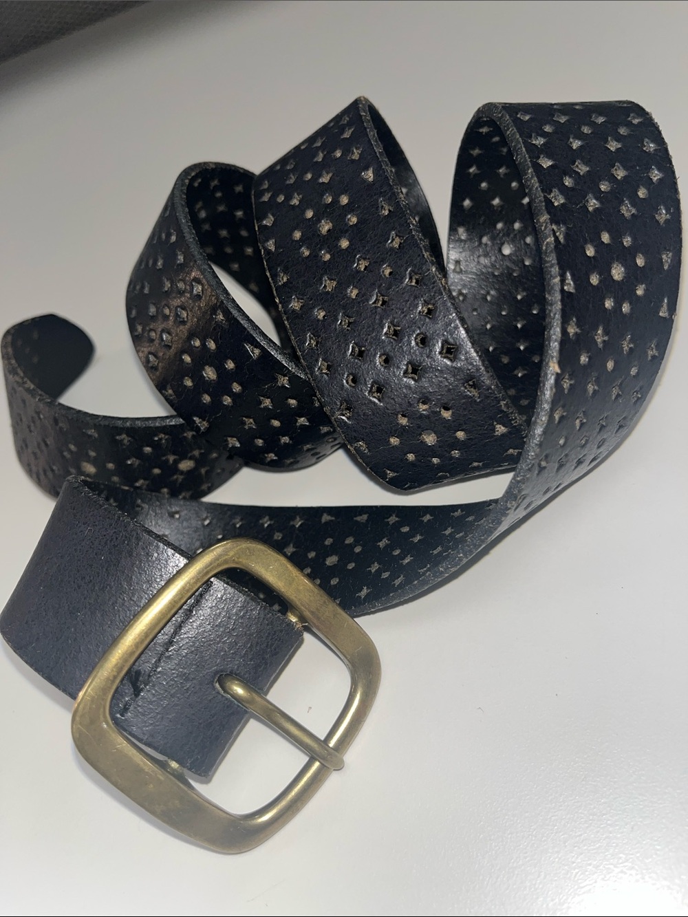 J. Crew Black Perforated Leather Belt with Brass Buckle Size Medium